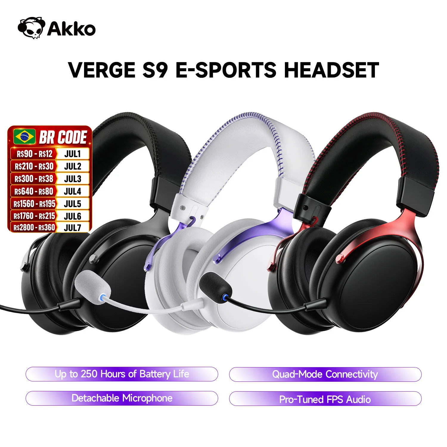 Fone de Ouvido AKKO Verge S9 para E-Sports com Microfone, Headphone Gamer Quad-Mode, Áudio Surround 7.1 Canais, Áudio FPS Otimizado, Driver de 53mm