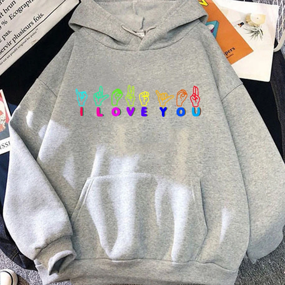 بارد ملون Je T'Aime لفتة مطبوعة الرجال النساء هوديي مضحك شخصية مصممة للجنسين أعلى فضفاض عارضة الهيب هوب البلوز #3