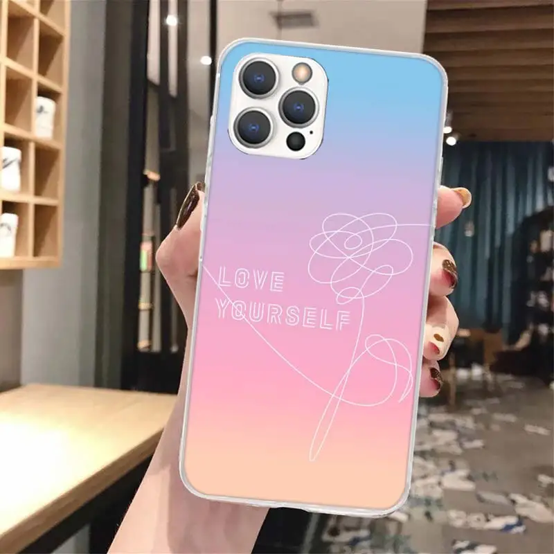 Love Yourself Flower Heart Line Kpop Soft Phone Case For iPhone 15 14 13 12 Mini 11 Pro Max X XR XS 7 Plus 8 + SE 2020 Pattern C
