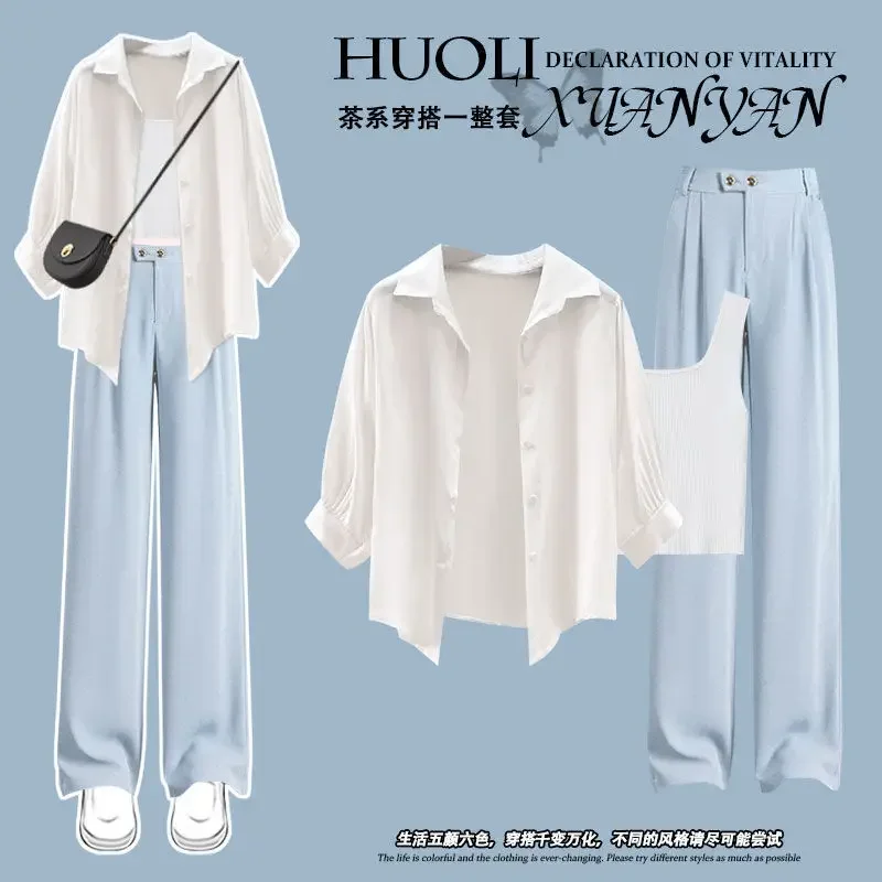 

New Korean Edition Design Sense Sunscreen Shirt Tank Top Slimming Wide Leg Pants Three Piece Set Spring/Summer Set Women's