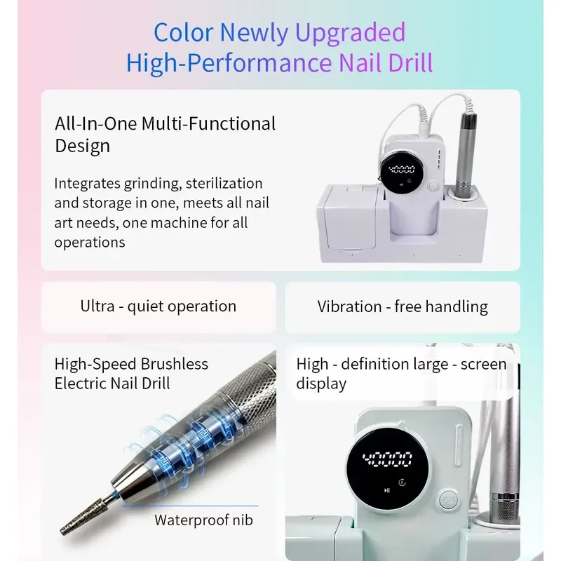 For Portable Electric Nail Drill 40000 RPM 75W Brushless Motor Rechargeable Nail File 7 Hours Working Time