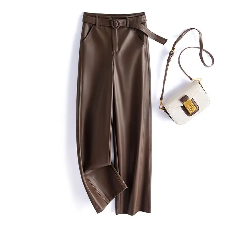 Black Genuine Leather Pants Women Sheepskin Straight Pants Spring Autumn High Waist Belt Loose Real Leather Casual Trousers