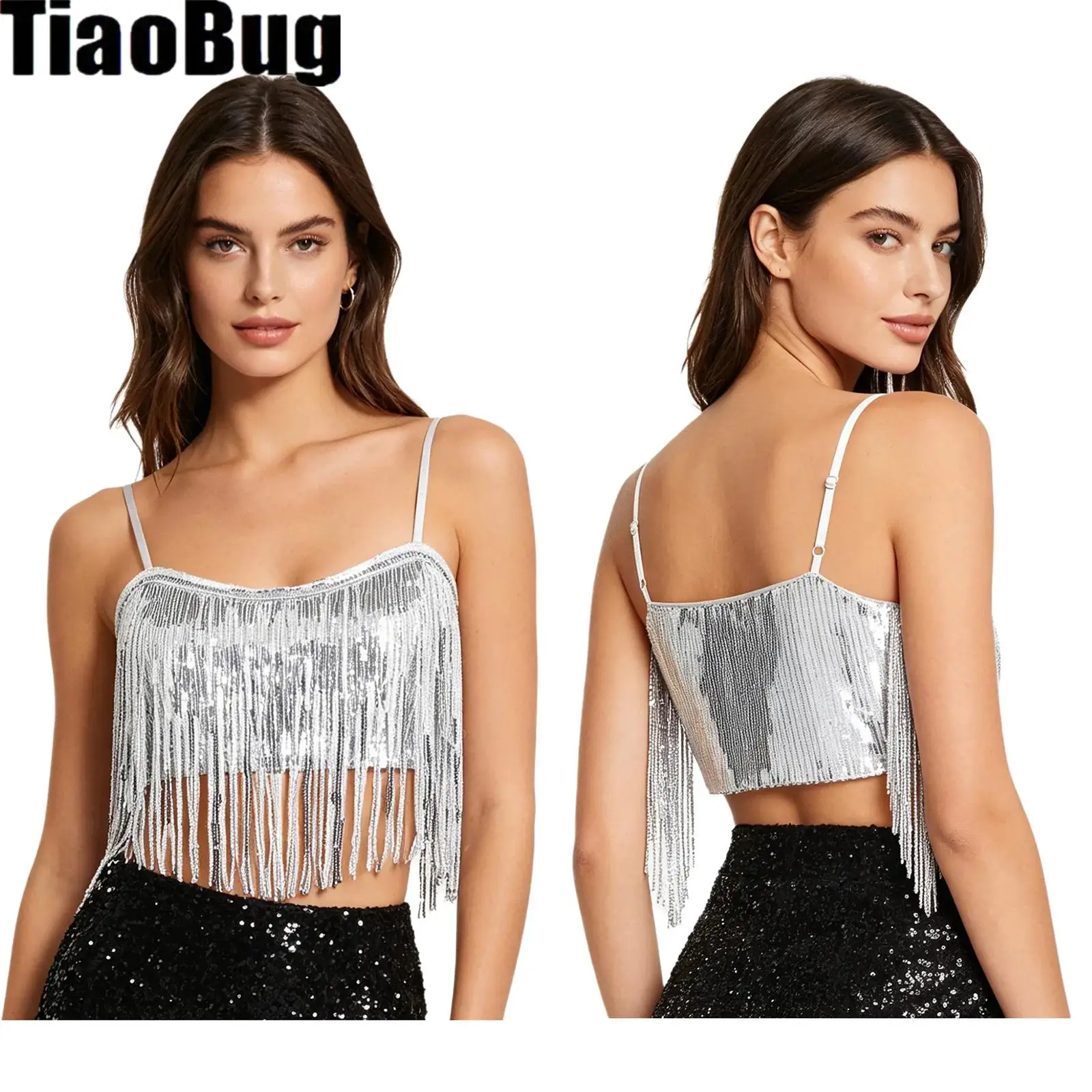 

Womens Glittery Fringed Dance Camisole Allover Sequins with Tassel Adjustable Spaghetti Straps Sling Vest Tank for Party