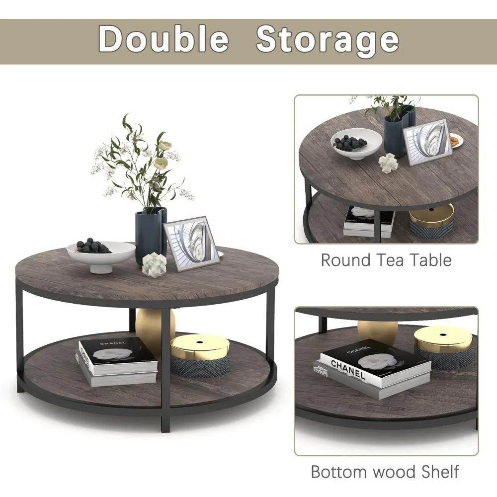 Coffee Table,36" Coffee Table for Living Room,2-Tier Rustic Wood Desktop with Storage Shelf Modern Design Home Furniture