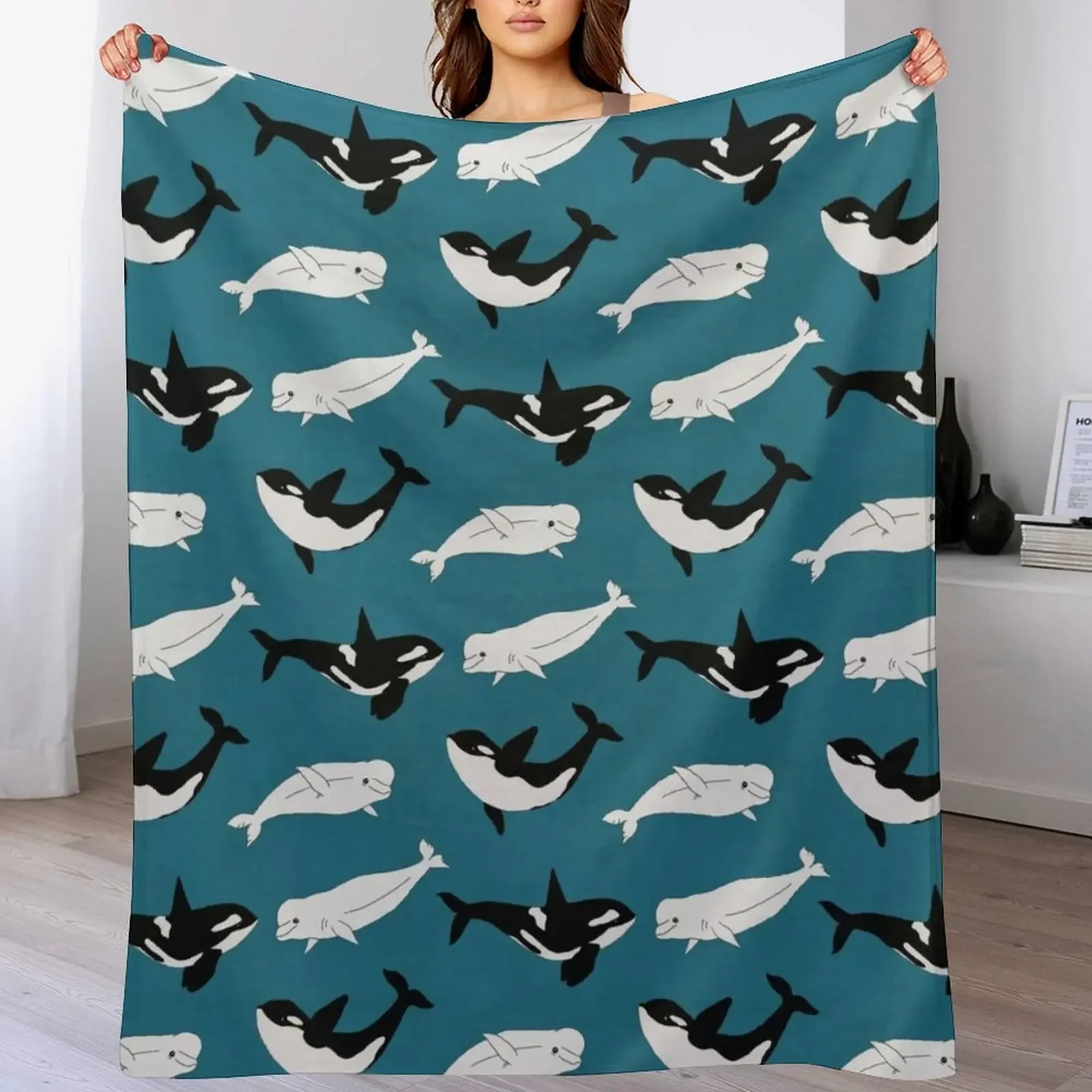 

Belugas & Orcas on Teal Throw Blanket warm winter Custom Plush Blankets For Bed Blankets