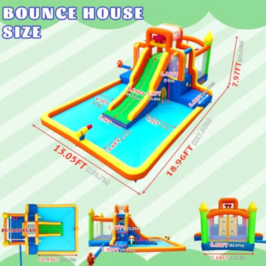 Water park slide for outdoor use PVC material blue and yellow 19x13FT with 3 climbing walls 2 stair-steps back rock wall 2 over