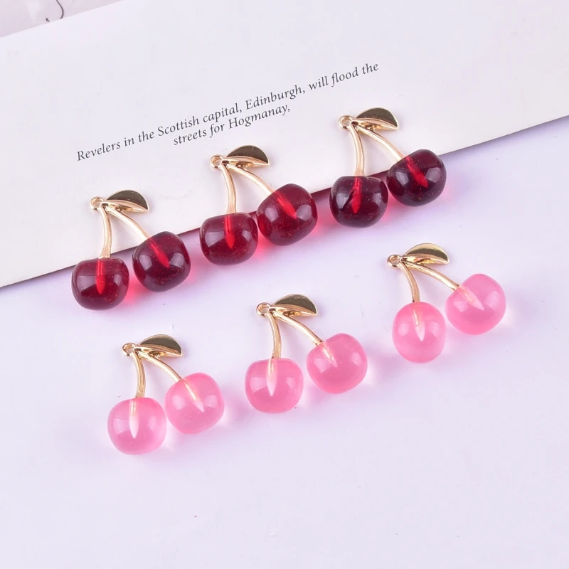 10 Uds. De dijes de resina de Metal de cereza 3D a la moda para mujer, pendientes, collar, accesorio de joyería DIY