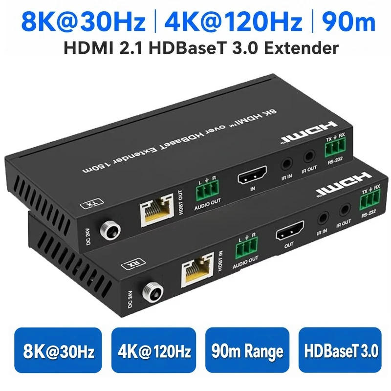 HDMI Extender 8K 30Hz HDMI 2.1 UTP Cat6 RJ45 HDbaset Extension 150M 4K 120Hz HDMI Transceiver Extender Kit