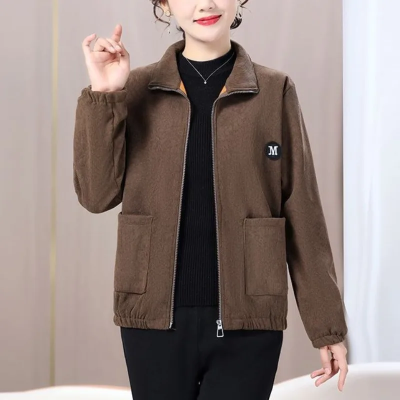 Autumn and Winter Women\'s Turn Down Collar Pockets Zipper Solid Color Loose Fitting Fashion Casual Elegant Long Sleeved Jacket