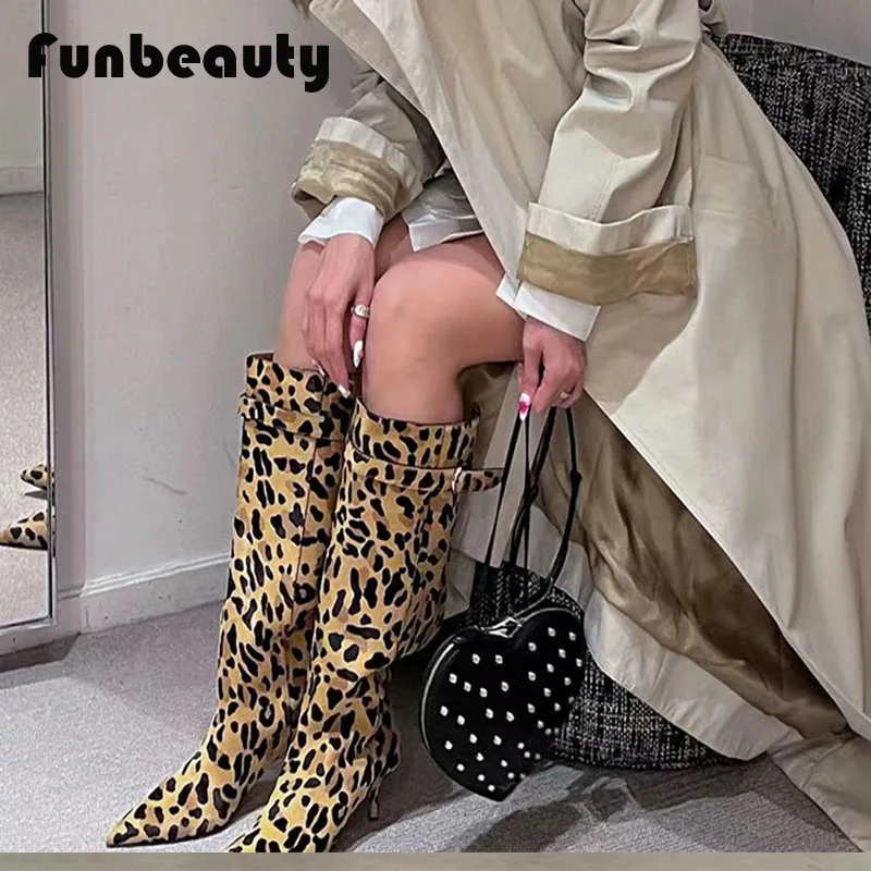 2024 new women\'s pointed thin heel leopard print long boots knight boots retro genuine leather knee high boots