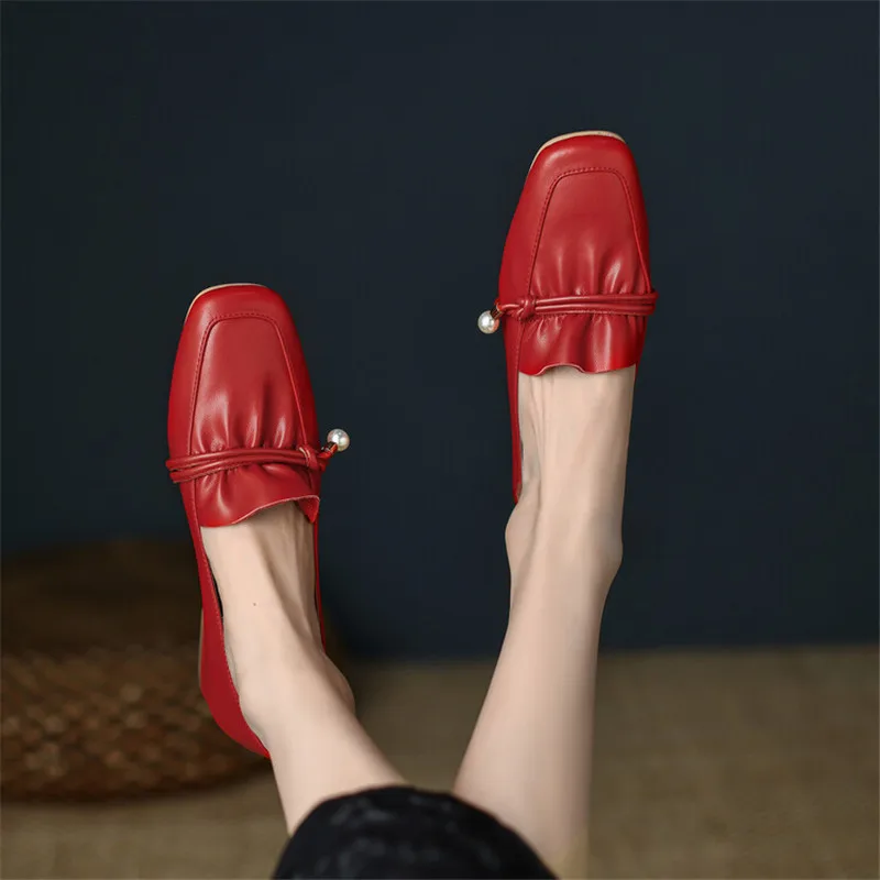 New Spring Women Loafers Cow Leather Low Heel Shoes for Women Square Toe Chunky Heel Shoes Comfortable Women Pumps Slip-On Shoes