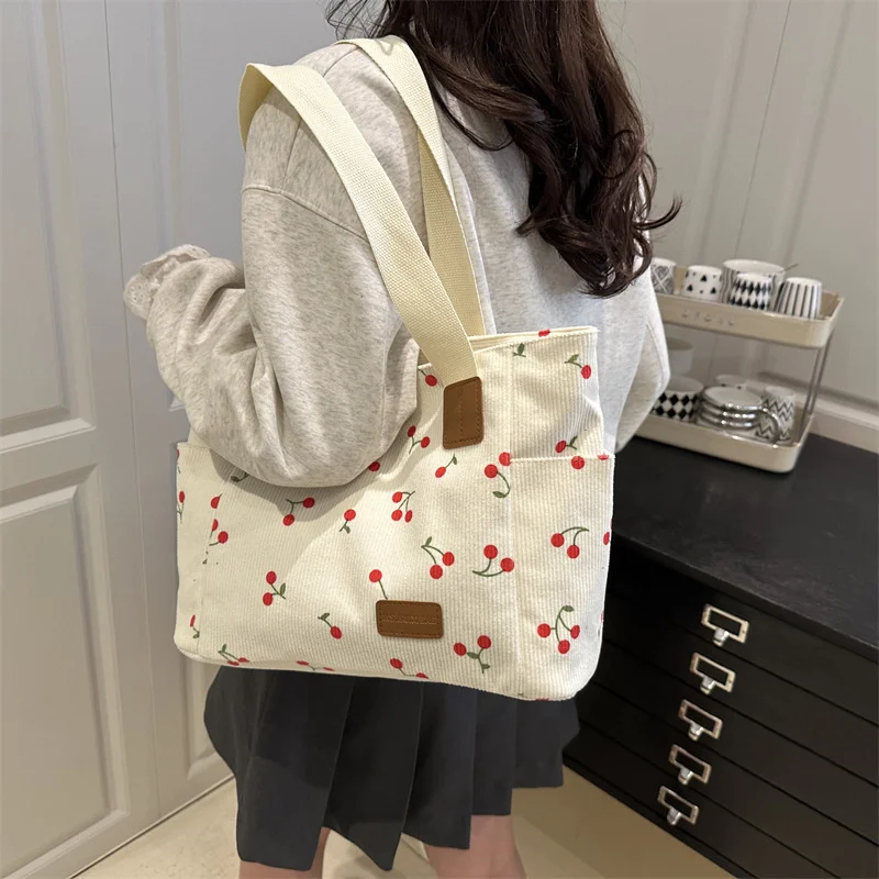 Cute Cherry Strawberry Print Shoulder Bag Casual Tote Bag Large Capacity Shopping Bag Nylon Handbag Grocery Bags for Women