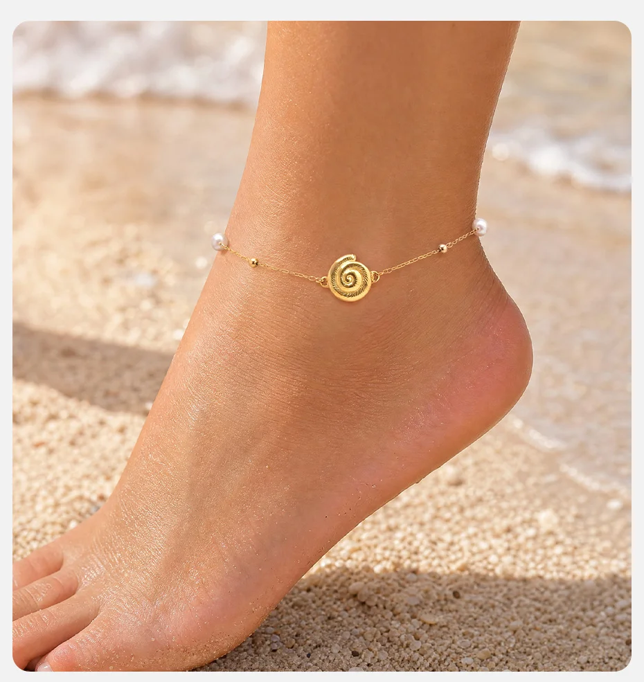 Vnox Boho Imitationsperlen-Muschel-Fußkettchen für Frauen Minimalistisches Vergoldetes Edelstahl-Fußkettchen Strand-Urlaubsgeschenk – Detail 2