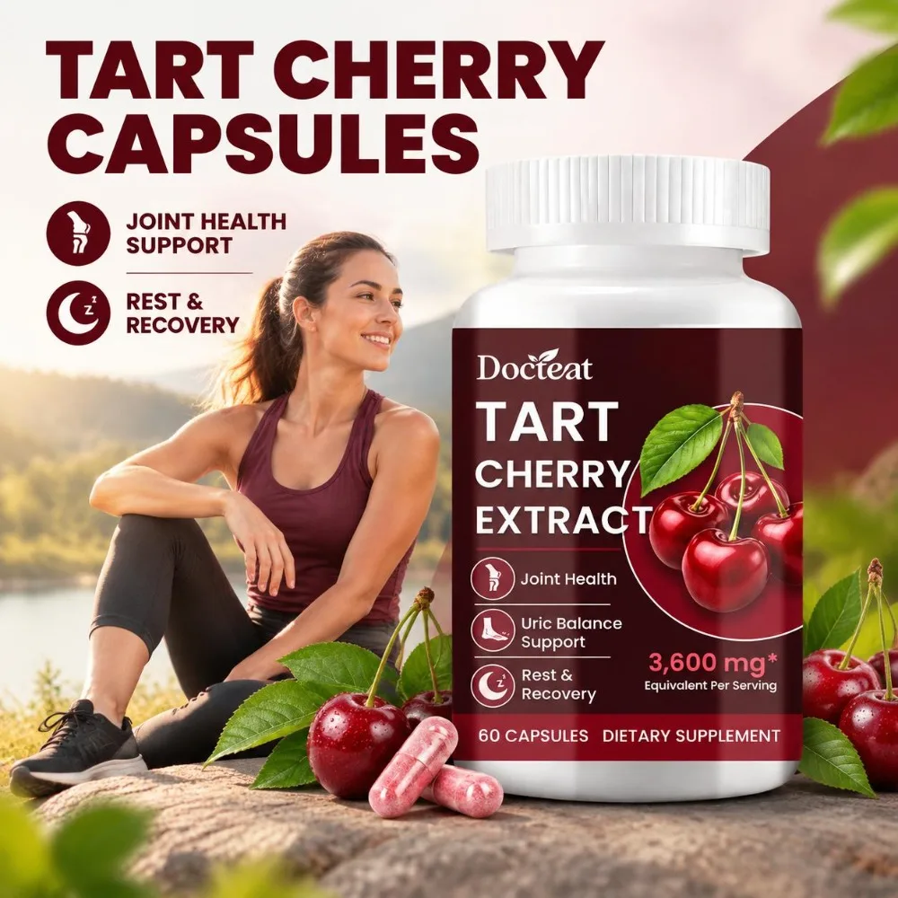 Docteat Tart Cherry Extract Capsules 3,600 Mg Fresh Fruit Equivalent for Restful Sleep, Muscle Recovery & Joint Comfort 60 Caps