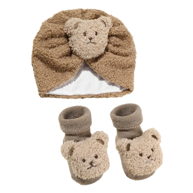 Baby Hat and Floor Socks Set for Infants Lovely Bear Bonnet Caps 2-6M Newborns Turban Hat Lovely Essential Present QX2D