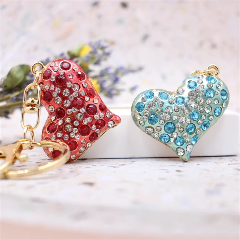 Porte-clés coeur en cristal pour femme, porte-clés biscuits, pendentif rouge bleu et rose, bijoux à breloques