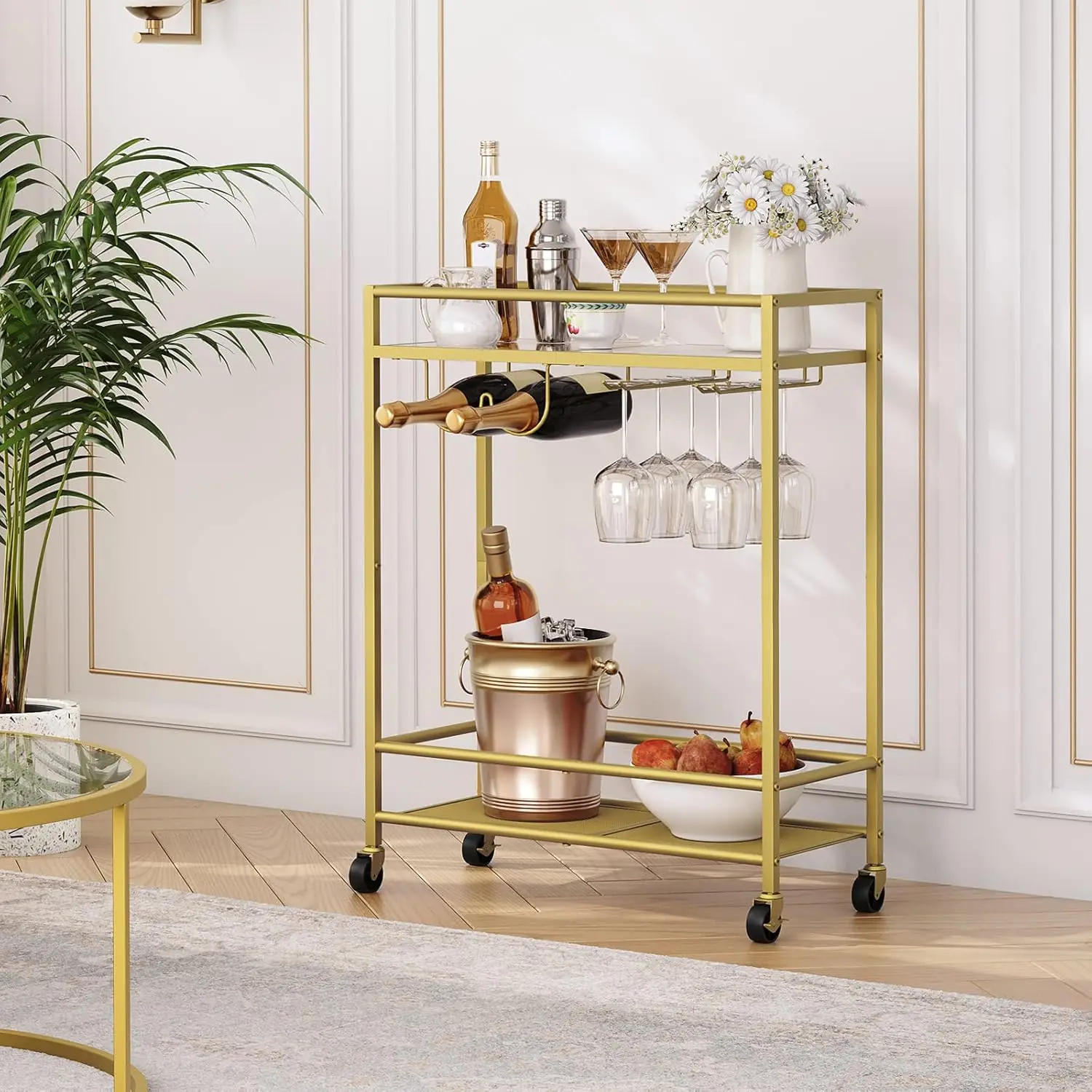 Gold Bar Cart, Serving Cart for Home, Beverage Cart with Wine Rack and Glass Holder, 2-Tier Drink Cart on Wheels