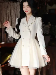 Coreano elegante Mini abito bianco donna Vintage Chic Bow Mesh Design abito formale estate Casual Slim compleanno sera vestito da sera