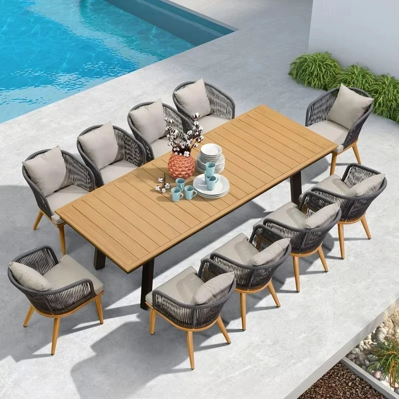 #Modern Outdoor Aluminium Kitchen Table Set Portable with Cushioned Wood Construction for Courtyard Balcony or Garden Usage