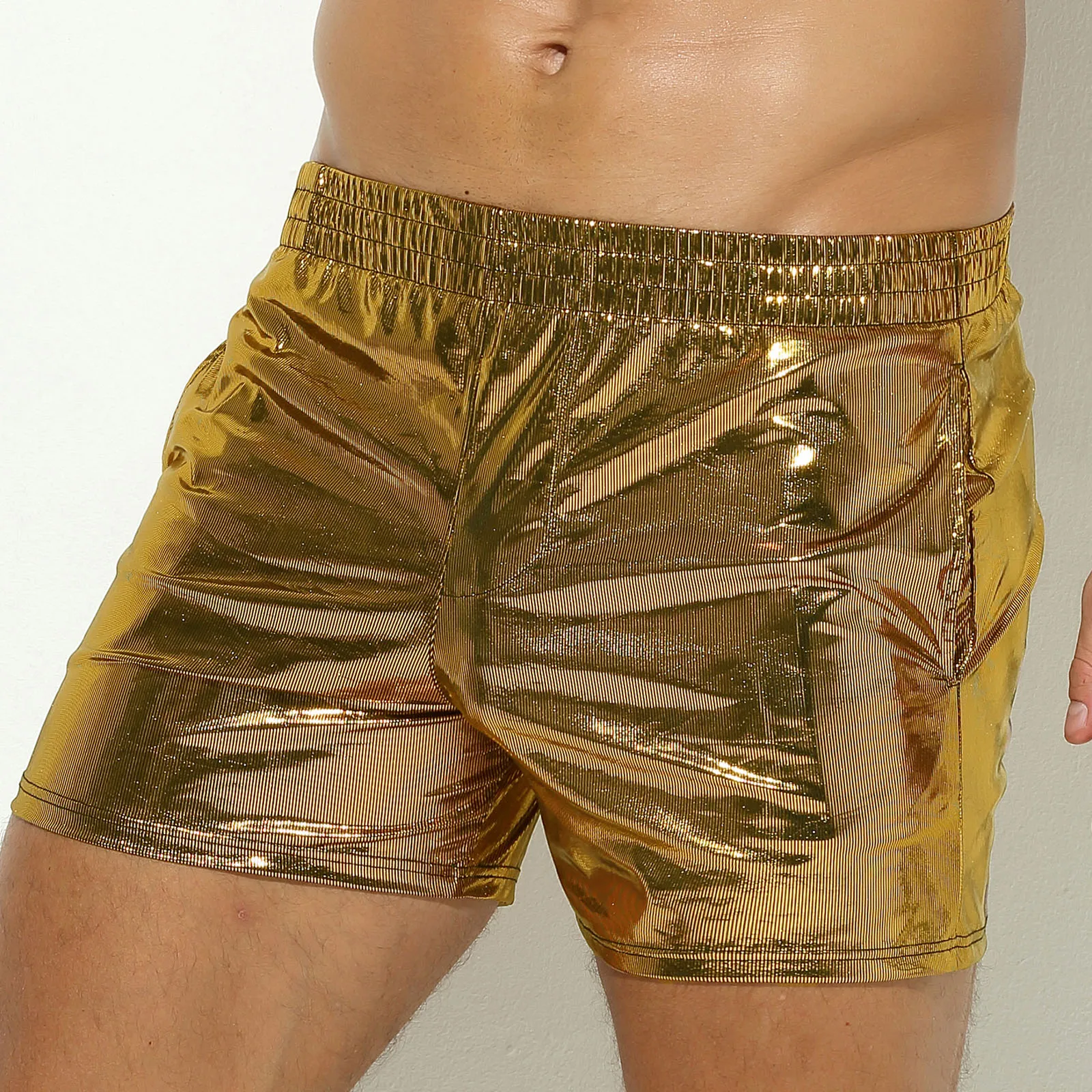 Mens Fashion Boxer Shorts Shiny Faux Leather Low Rise Bottoms Short Hot Pants with Pockets for Club Party Nightclub Stage Show