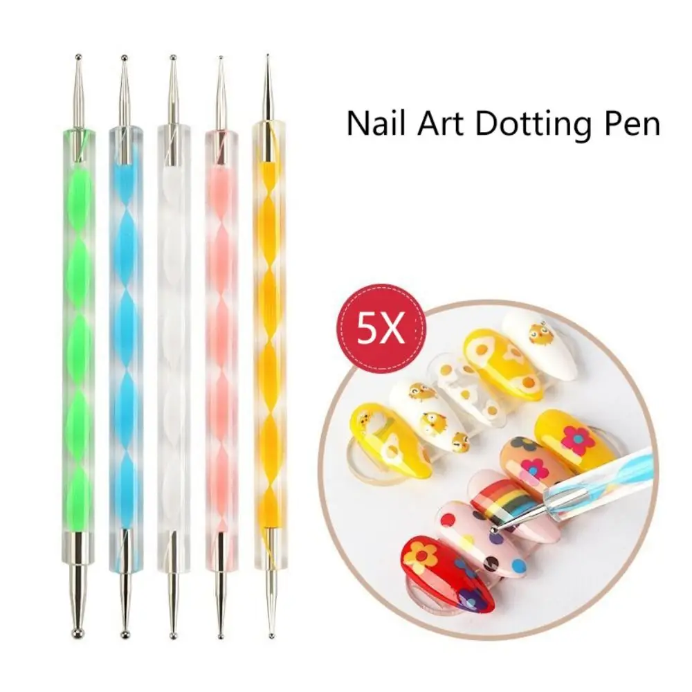 5Pcs 2 Way Nail Art Dotting Pen Crystal Dot Paint Manicure Painting Kit Marbleizing Polish Nail Art Tool Set Girls