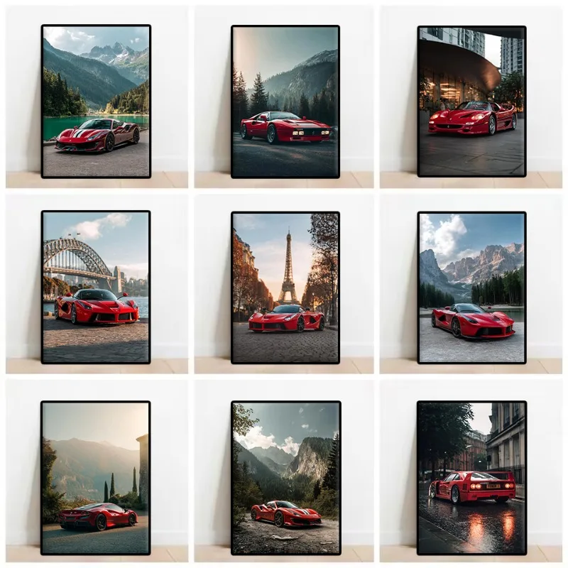 Vintage 90's FER Supercar Poster Classic Red Sports Car Famous Brand Canvas Painting Wall Art for Garage Living Room Home Decor