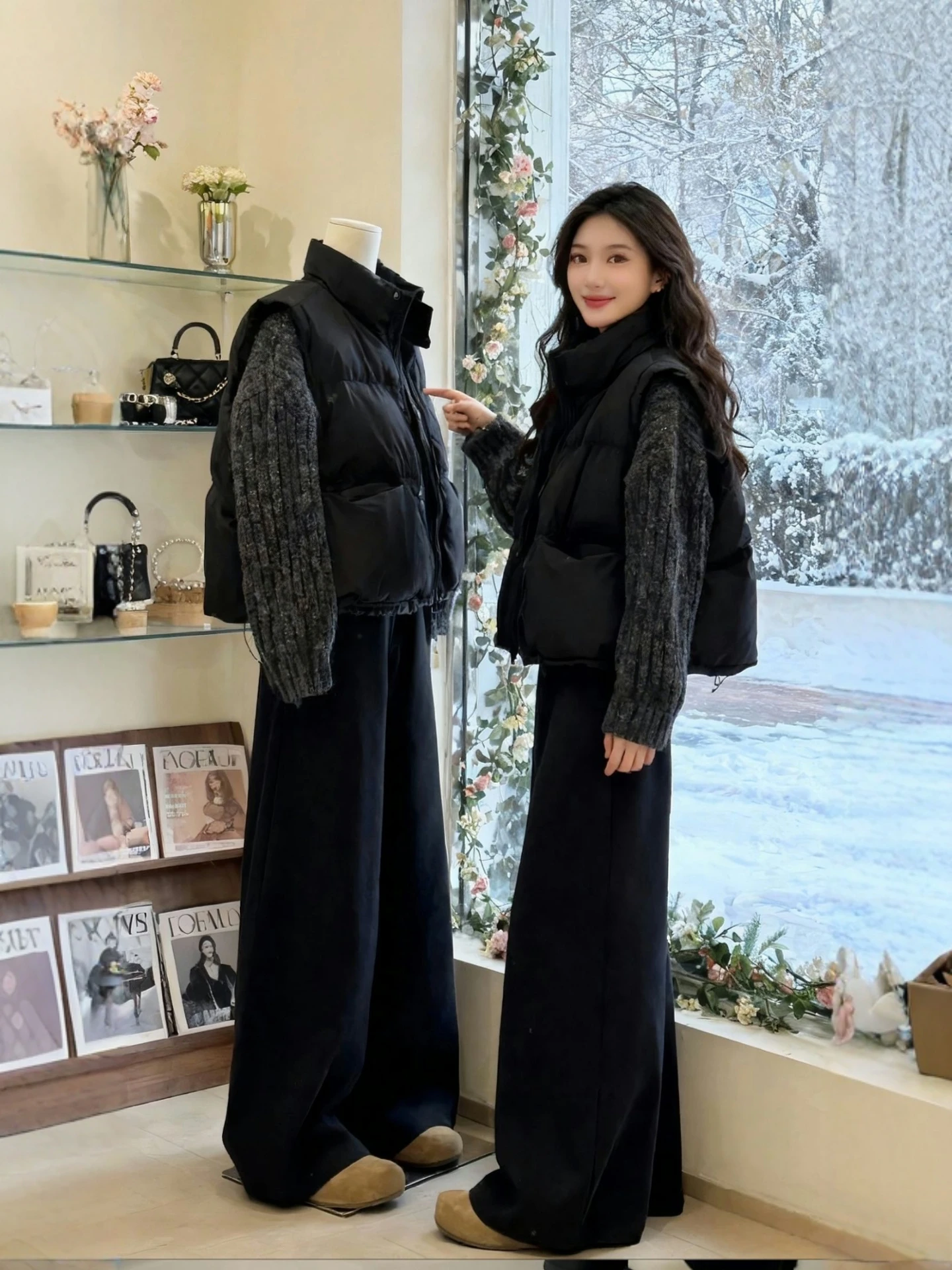 

Модный зимний комплект больших размеров: куртка, жилет, брюки с высокой талией и широкими штанинами. Удобный, теплый, повседневный.