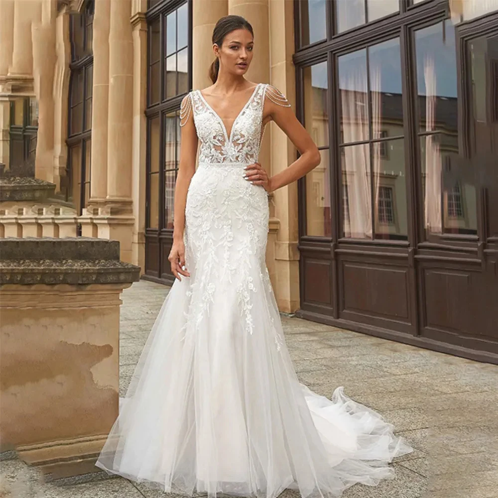 

Beautiful Sleeveless Mopping Wedding Dresses Sexy Mermaid V-Neck For Women Elegant A-line Spaghetti Straps Open Back Bridal Gown