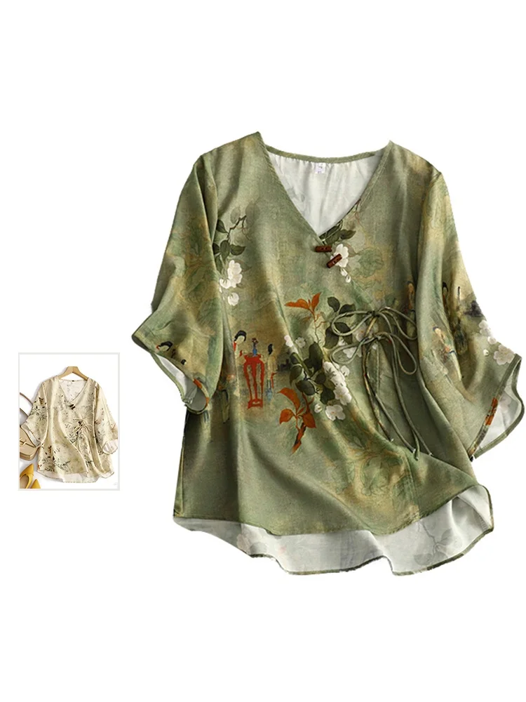 

Retro Floral Print irt Thin Seven-Quarter Sve V-Ne Belted Summer Casual Loose Fit Big Size Women's Faion Top