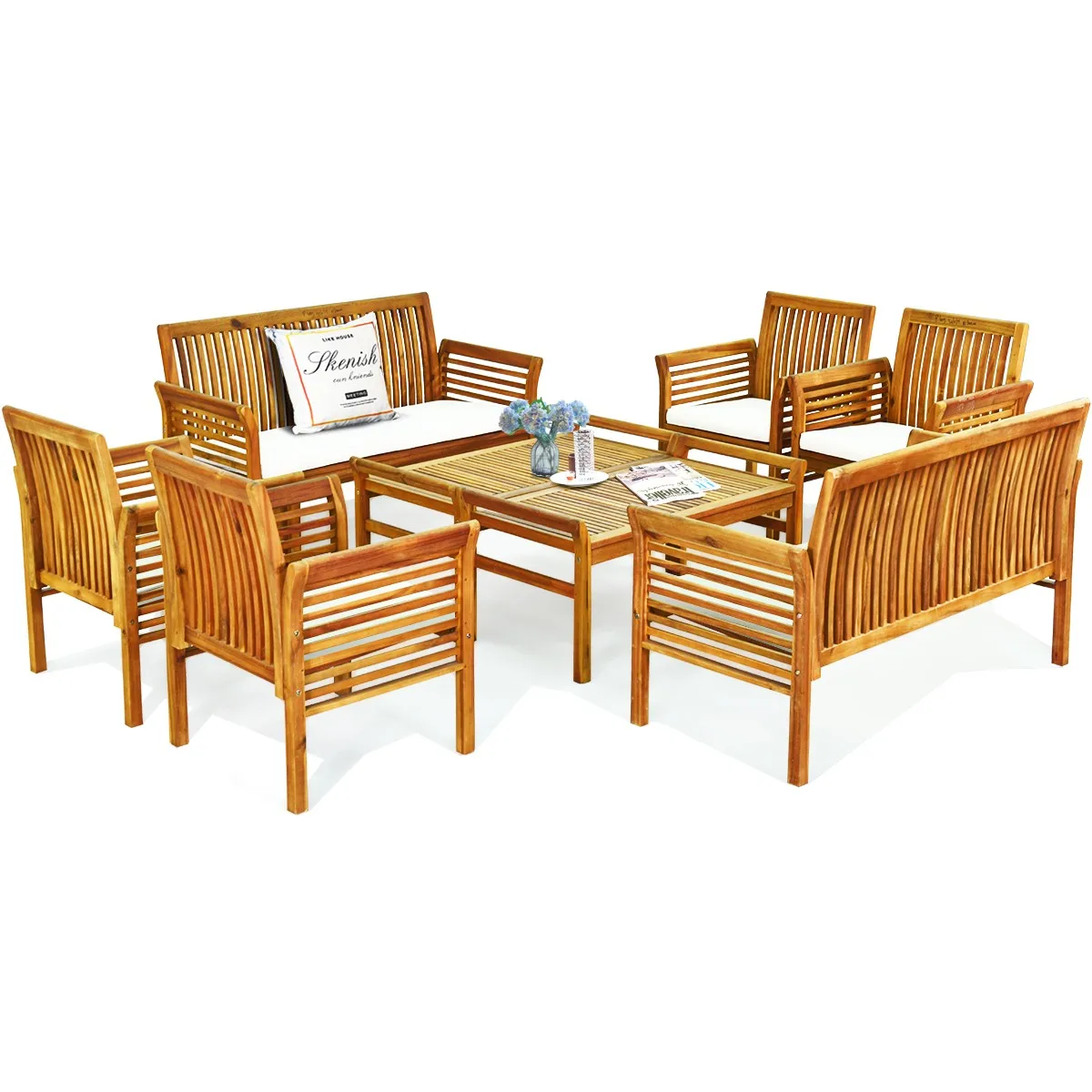 

8PCS Outdoor Sofa Furniture Set Acacia Wood Frame Cushioned Chair Coffee Table
