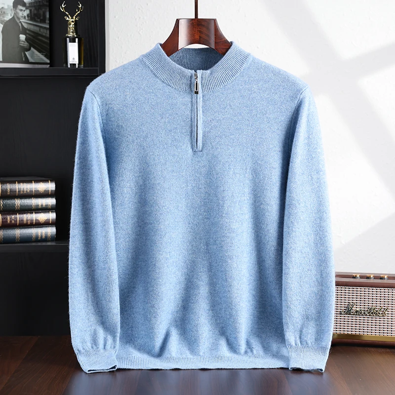 DjzDsm New Men's Autumn Winter 100% Pure Cashmere Knitted Half Zip Half High Collar Pullover Sweater Fashionable Men's Clothing