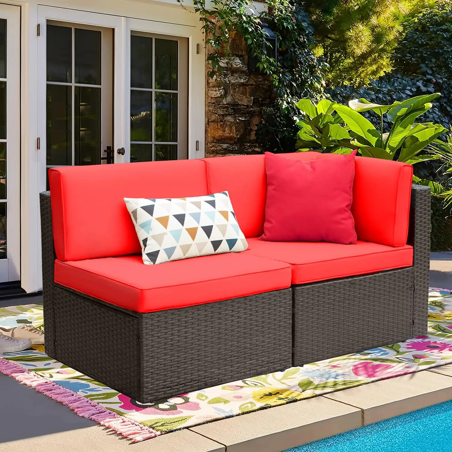 2 Pieces Patio Furniture Sofa Sets Outdoor All-Weather Sectional Corner Sofa and Armless Sofa (Red)