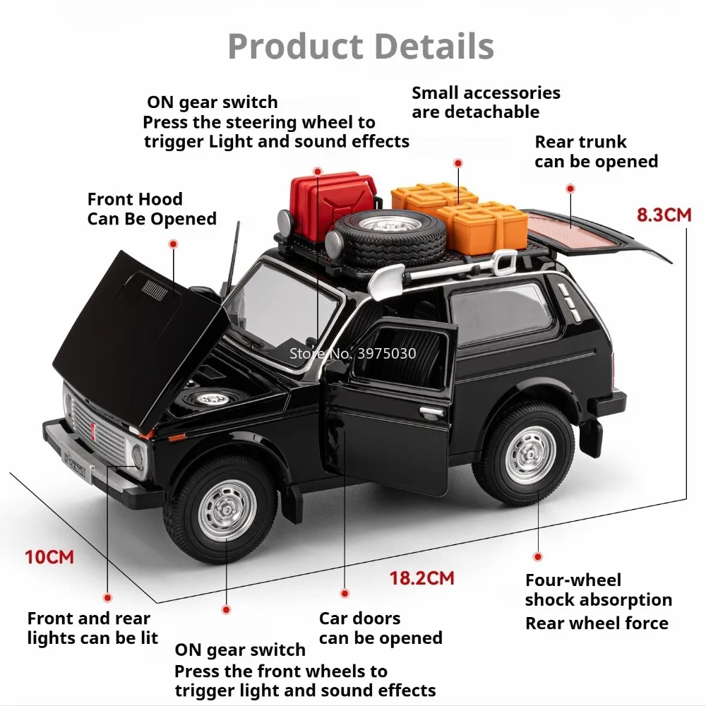 Jouets de voitures en alliage Lada NiVa, échelle 1:24, modèles de moulage sous pression avec son léger, véhicules miniatures rétractables pour articles de collection