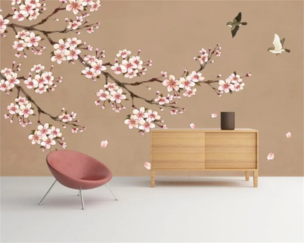 Customized wallpaper Chinese style peach blossom flower and bird living room TV background wall decoration mural papier peint