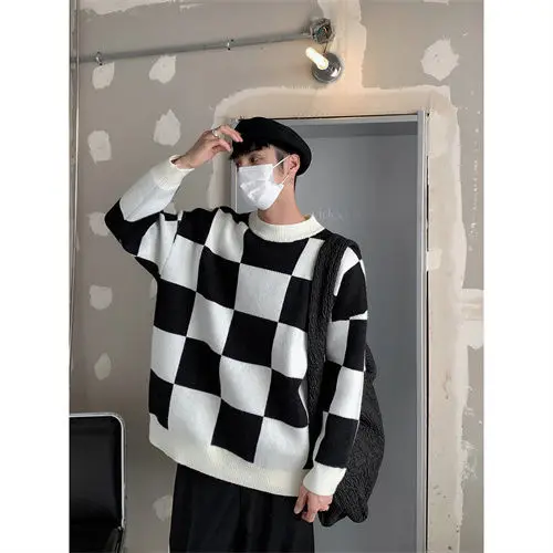 

2022 New Arrivals Sweater Men Autumn Winter Thick Warm Round Neck Knitting Plaid Sweaters Slim Fit Pullover Clothing L77