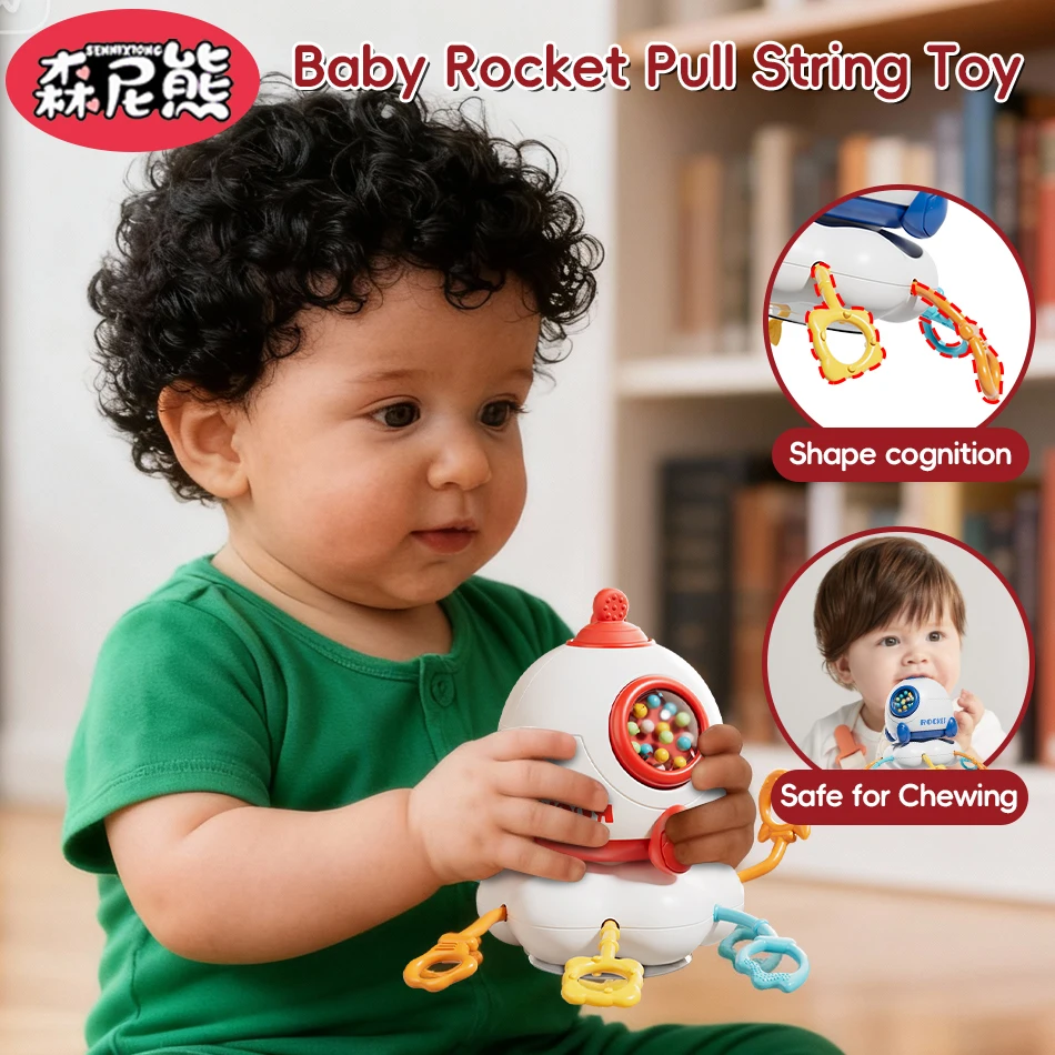 Sennixiong 6 em 1 muti-função brinquedo de dentição bebê foguete puxar corda acabar rotação sensorial desenvolver brinquedos montessori para criança