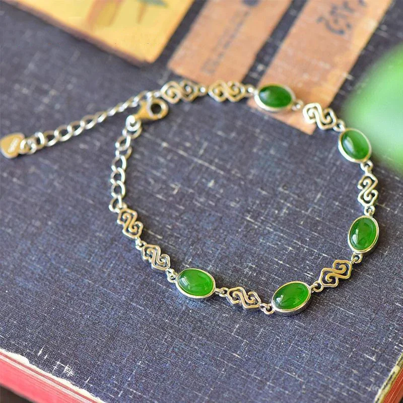 Original retro Chinese style natural Hetian jade auspicious cloud bracelet for women delicate and fresh ladies silver jewelry