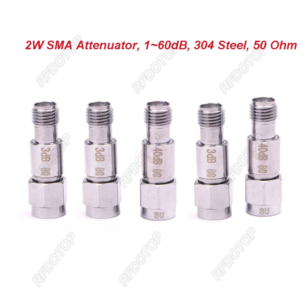 2W DC-8.0GHz SMA Male to SMA Female RF Attenuator 1~60dB Attenuator SMA Fixed Connectors 304 Stainless Steel 50 Ohm