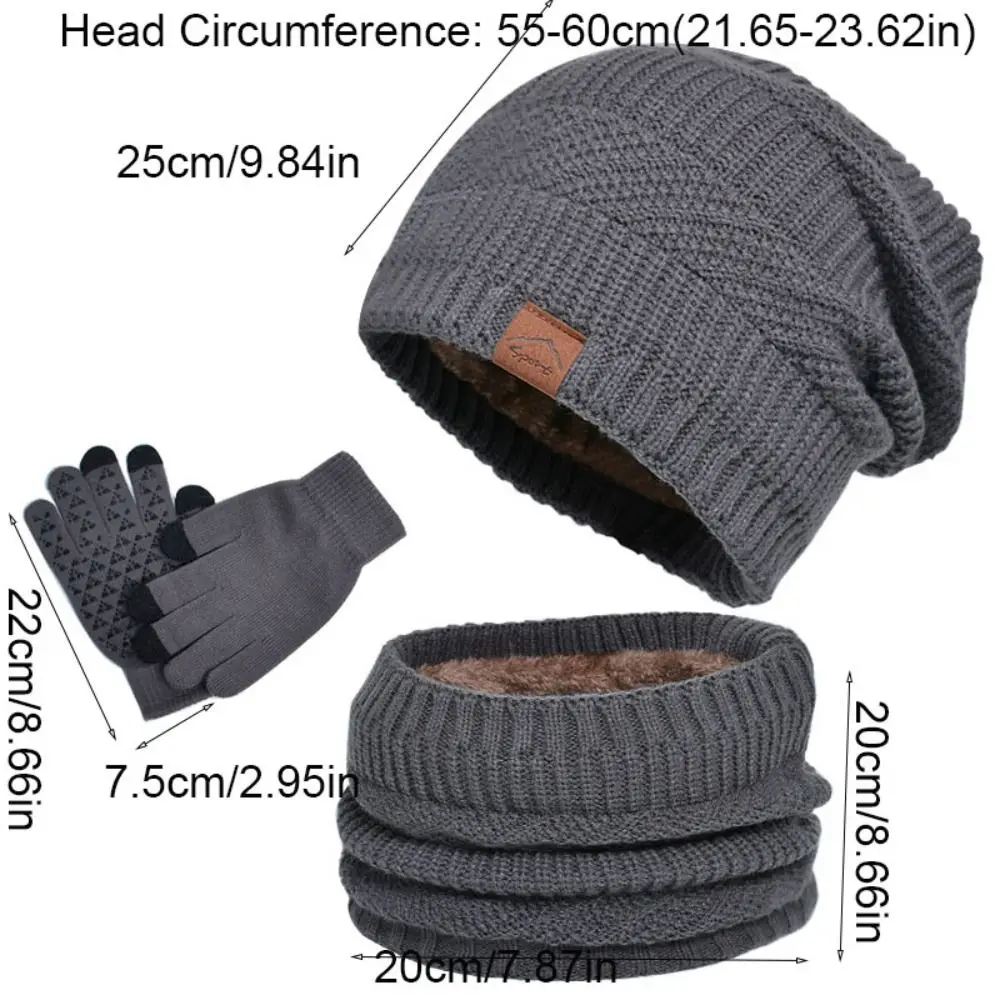 3pcs Hiking Solid Color Hat Scarf Gloves Set Wool Thicken Thermal Knit Cap Warm Neck Protector Winter Beanie Hat Outdoor