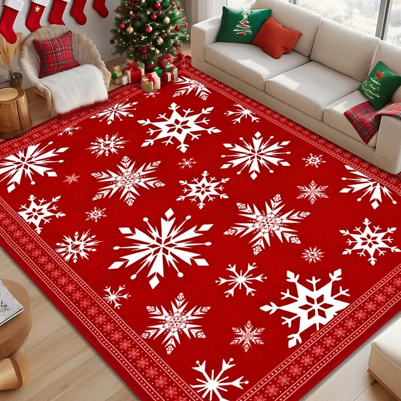 Christmas Snowman Printed Carpet Festive Red Winter Large Area Floor Rug for Living Room Fireplace Indoor Home New Year