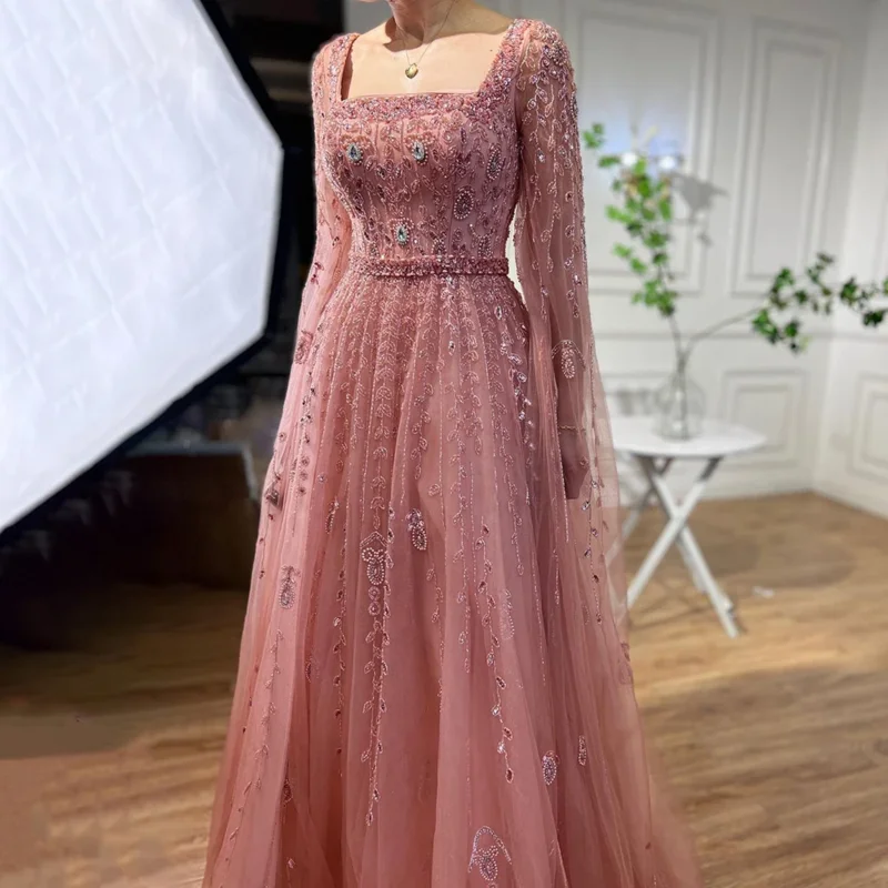 wedding party  Women's pearl luxury evening dress square neck evening dress, A-line, Muslim rose,