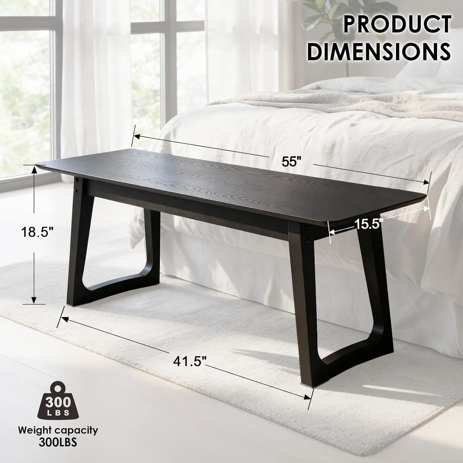 Farmhouse Entryway Bench, Wood Dining Bench, 55 Inch Rustic End of Bed Bench for Living Room/Kitchen/Hallway/Entry Way, Black