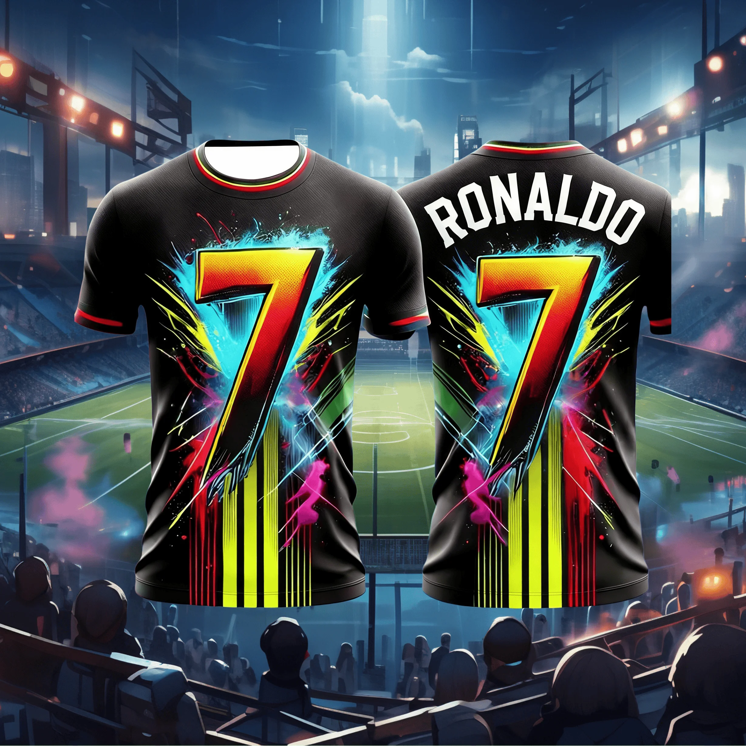Summer Ronaldo No. 7 Graffiti Print 3D Unisex Jersey T-Shirt for Adults & Kids Quick-Drying Plus Size for Training and Matches