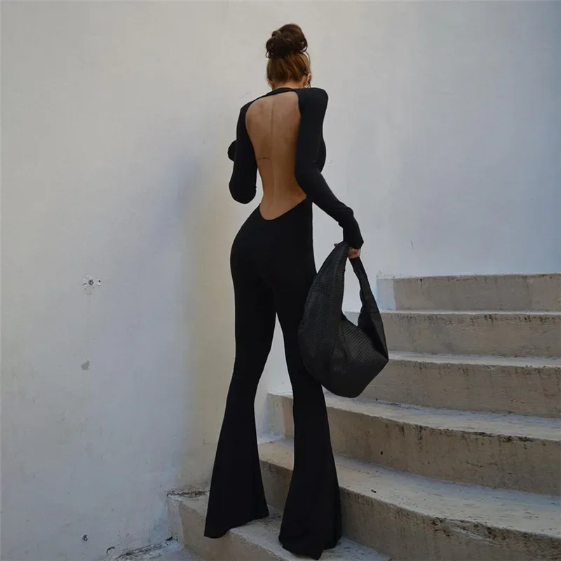 Summer Y2K Solid Black Basic Bodysuit for Women Fashion Long Sleeves Halter Backless Flare Pants Simple Casual Streetwear