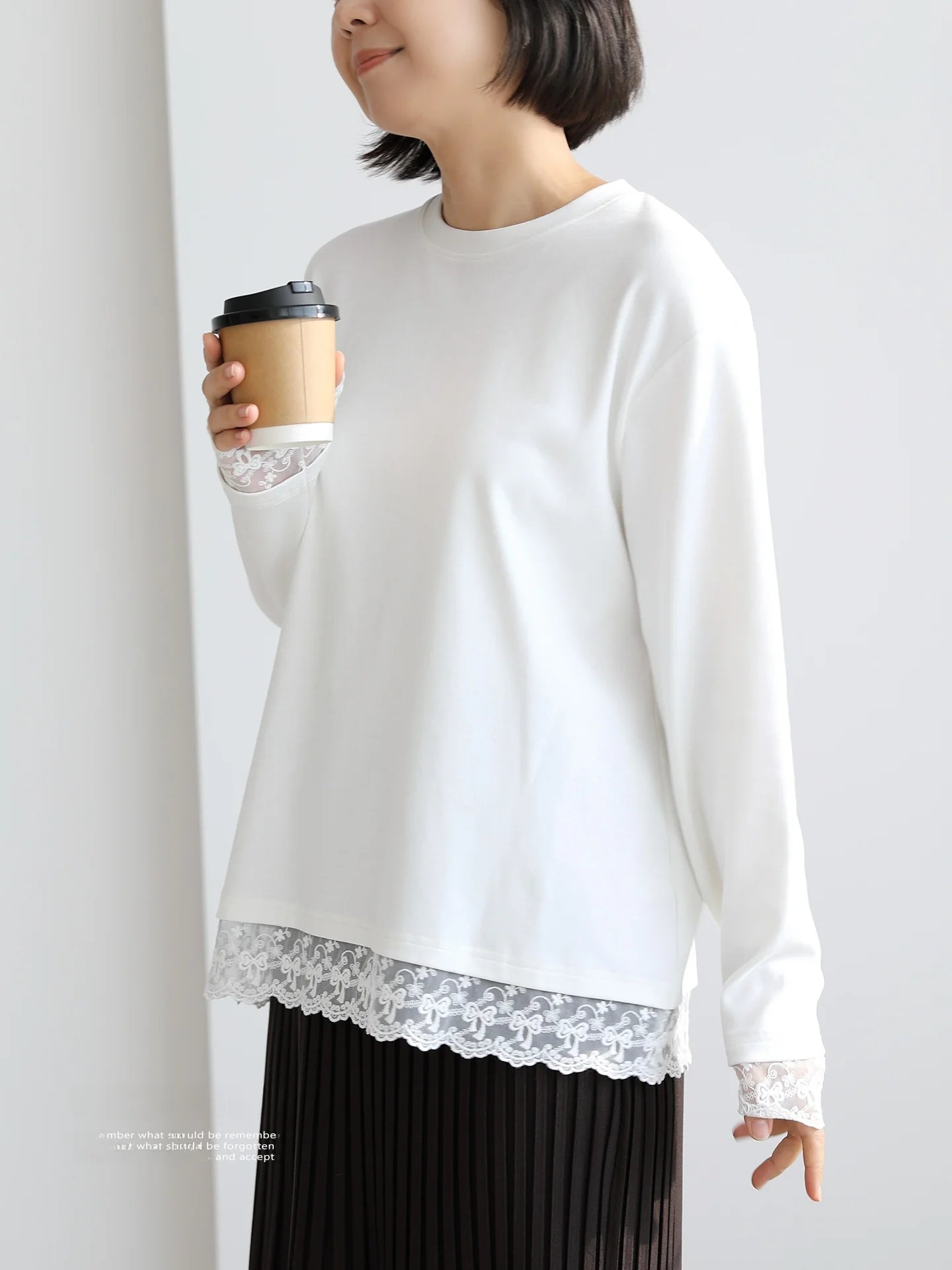 

Tee-Inch Time 488 Lace Splice T-irt Loose Fit Base Layer irt Pure Color Top Women's Casual round Ne Long Sve