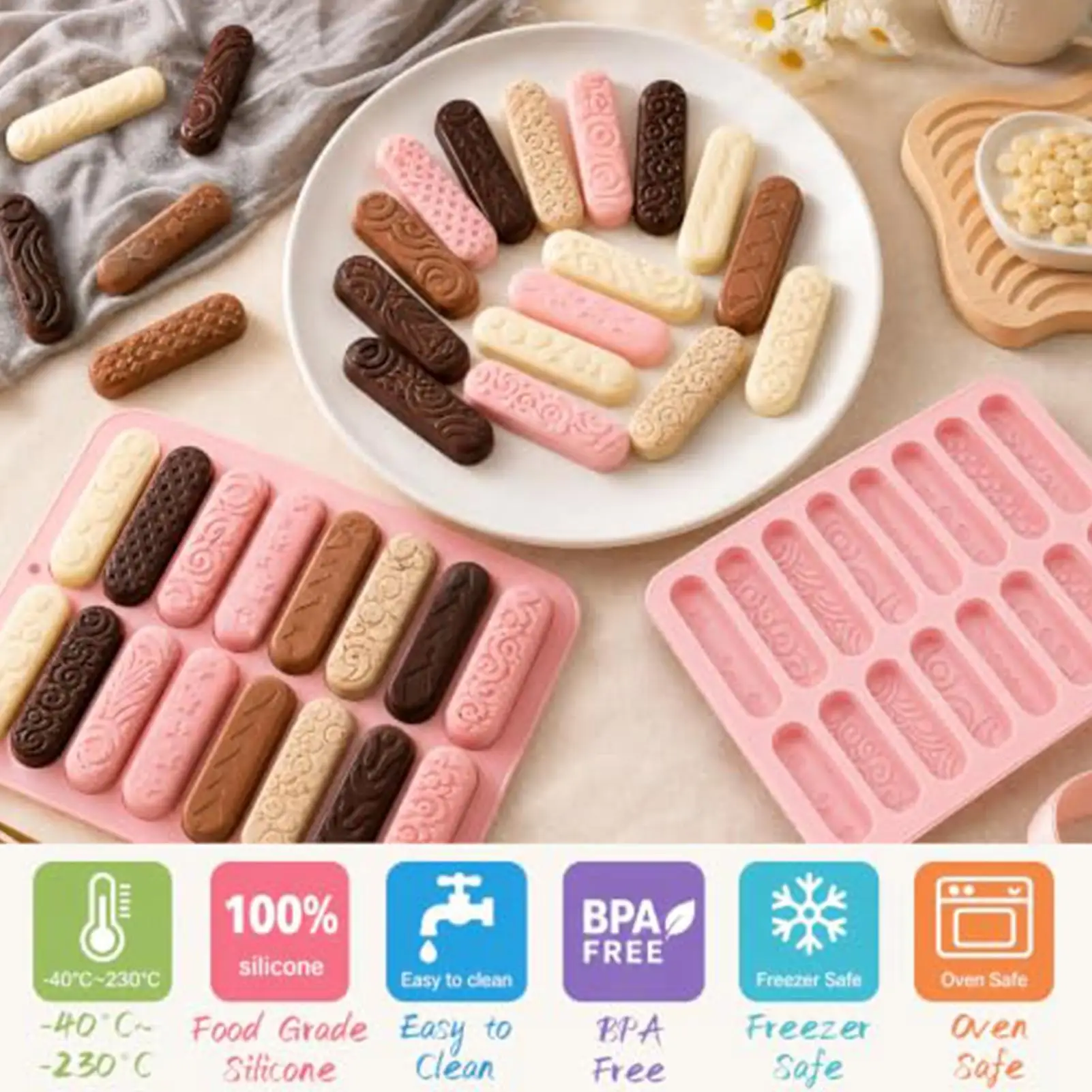 2Pcs 16-Cavity Silicone Baking Molds, Finger B iscuit Chocolate Mold, Candy Jelly Cookie Mold For Party Home Baking