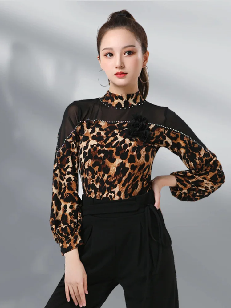 

Long Sleeves Ballroom Dance Competition Women Female Pants Ball Room Classical Mesh Patchwork Korean Jazz Leopard Tops