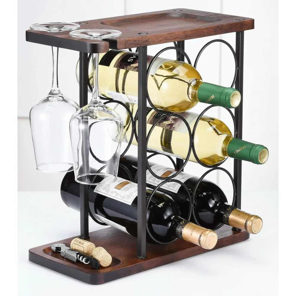 

Настольная винная полка с держателем для стекла, деревянное основание для хранения на 6 бутылок и 2 стаканов, декор для домашней кухни