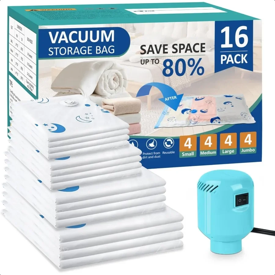 

Vacuum Seal Bags for Clothing with Electric Pump16 Pack Space Saver Bags 4 Jumbo 4 Large 4 Medium 4 Small Vacuum Storage Bags f