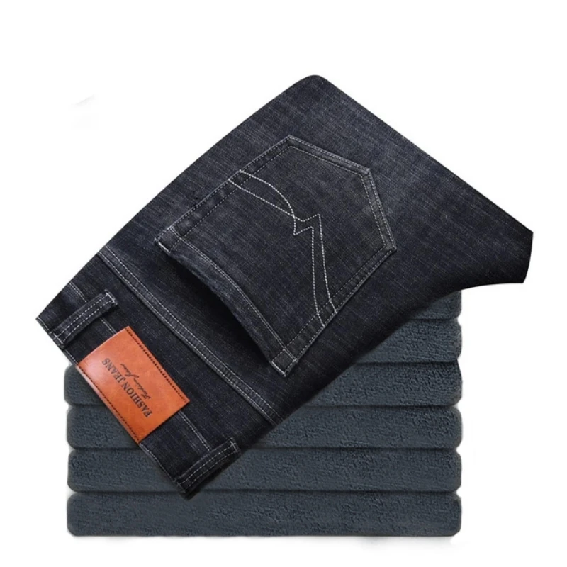 2023 New Men\'s Clothing Casual Jeans Winter New Fleece Pants Thick Warm Fashion Straight Fit Male Denim Trousers